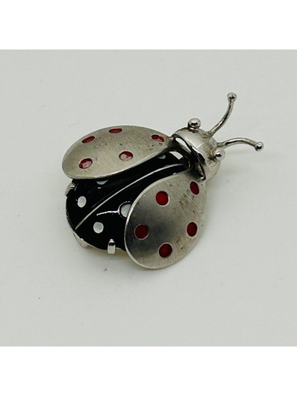 Beau Sterling Ladybug Brooch Figural Pin Red Black Enamel Vintage Insect